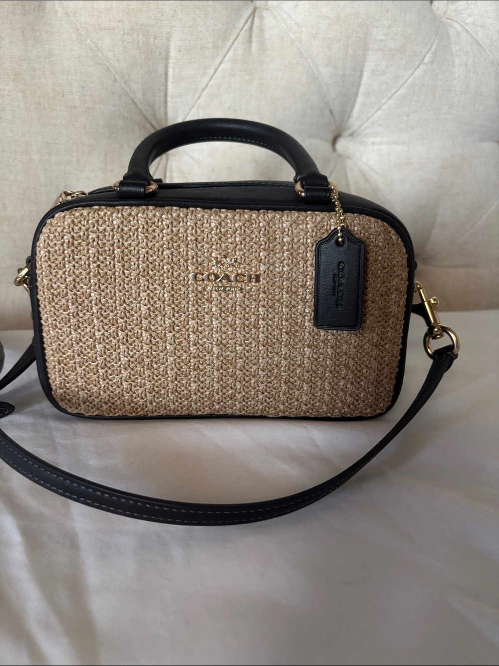 COACH Satchel Crossbody in Natural Straw and with Black Leather